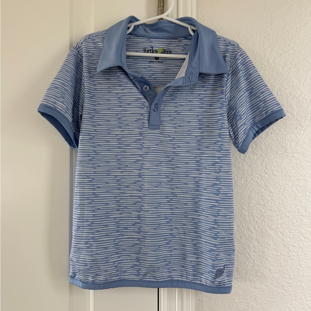 Turtles & Tees Boys Blue Striped Golf Tennis Polo Shirt size 5/6